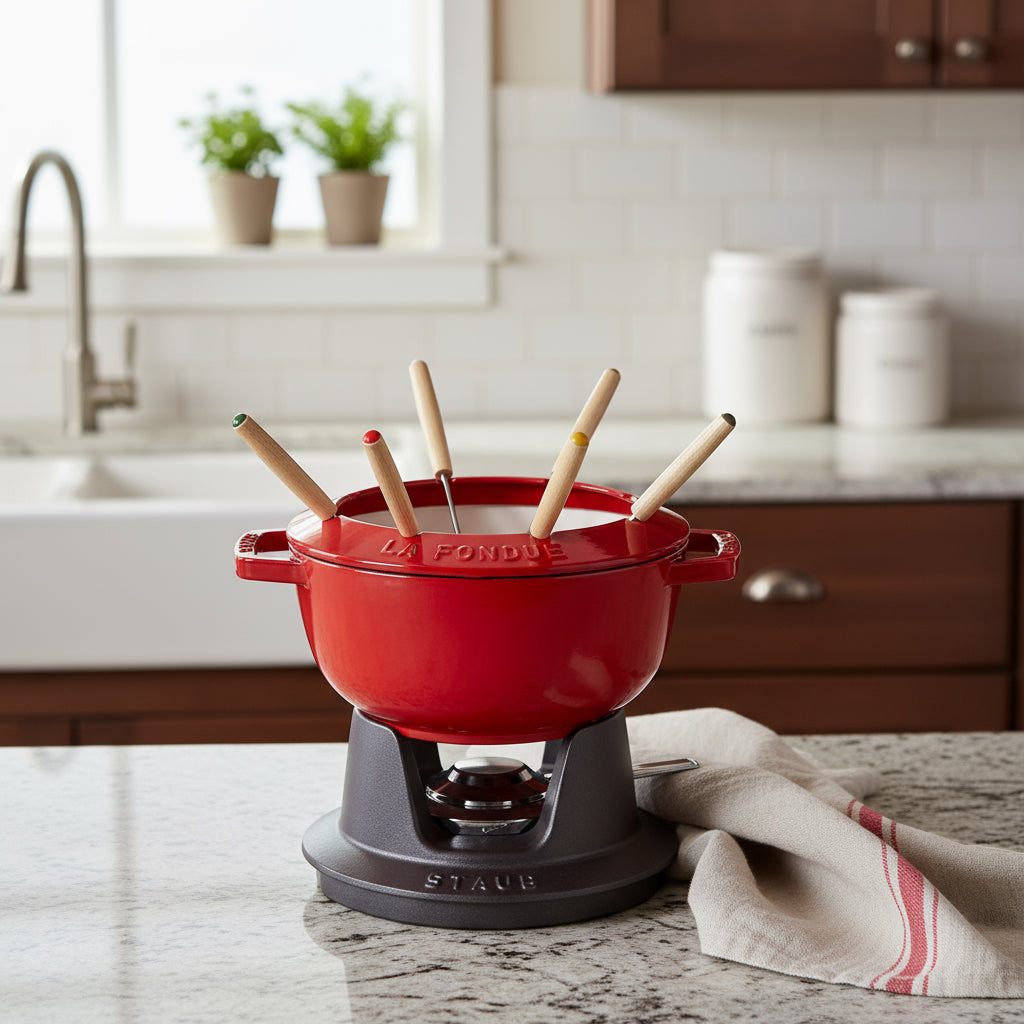 STAUB Cast Iron Fondue Set — Cherry Red | Premium Entertaining for Home & Restaurant